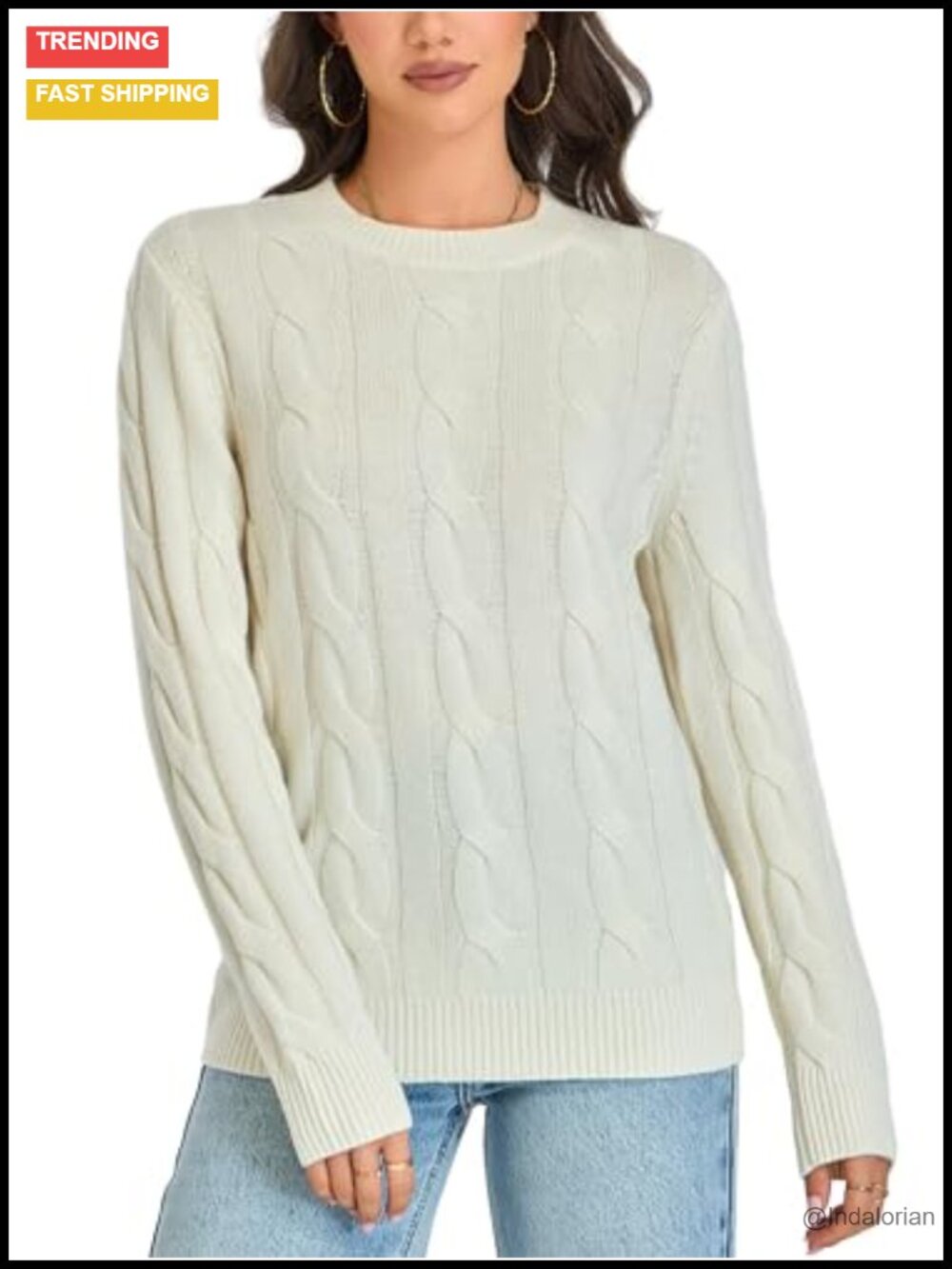 Merino Wool Cable Knit Crewneck Sweater Chunky Pullover